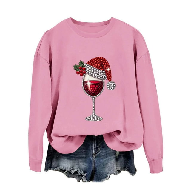 FYEGRE Chandail à Capuche Sans Capuche pour Femmes Manches Longues Col Rond Décontracté Sportif pour Vacances Saison Festive Rose G