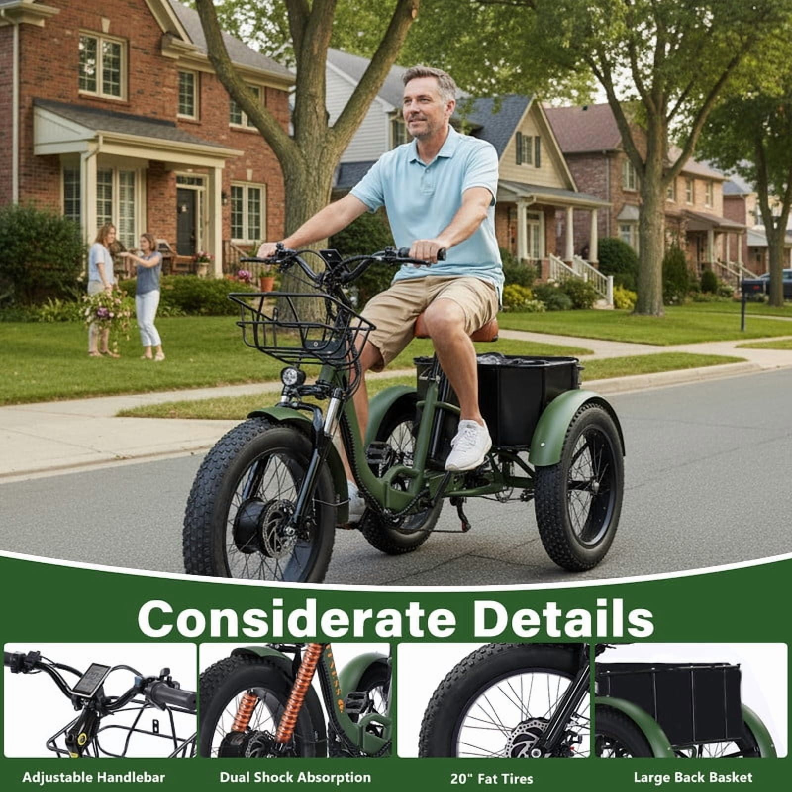 Broobey Electric Tricycle for Adults Folding ETrike E-Tricycle 3 Wheel Electric Trike w/ Two Baskets 48V15AH Lithium Battery Peak 1000W Motor 20*4" Fat Tire Green UL2849 by SGS