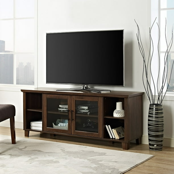 Woven Paths Transitional Glass Door Tv Stand For Tvs Up To 65 Dark Walnut Walmart Com Walmart Com