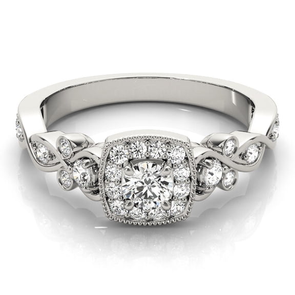 Art Deco Cushion Shape Halo Wedding Ring, Infinity Shank Milgrain Womens's Ring, 2 Ct Simulated Round Brilliant Cut Diamond, 14K White Gold Plated, Promise Proposal Anniversary Ring For Birthday Gift