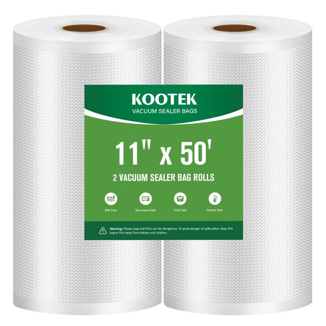 Kootek Vacuum Sealer Bags for Food, 2 Rolls for Custom Fit Food Storage, Meal Prep or Sous Vide, 11"x50' Commercial Grade Vacuum Seal Freezer Bags Rolls