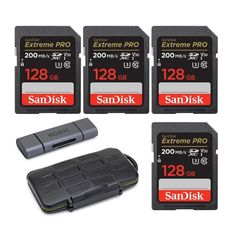 UPC: 0196271649076 | SanDisk 128GB Extreme PRO 200MB/s Memory Card (4-pack) with Card Reader and Rugged Storage Case