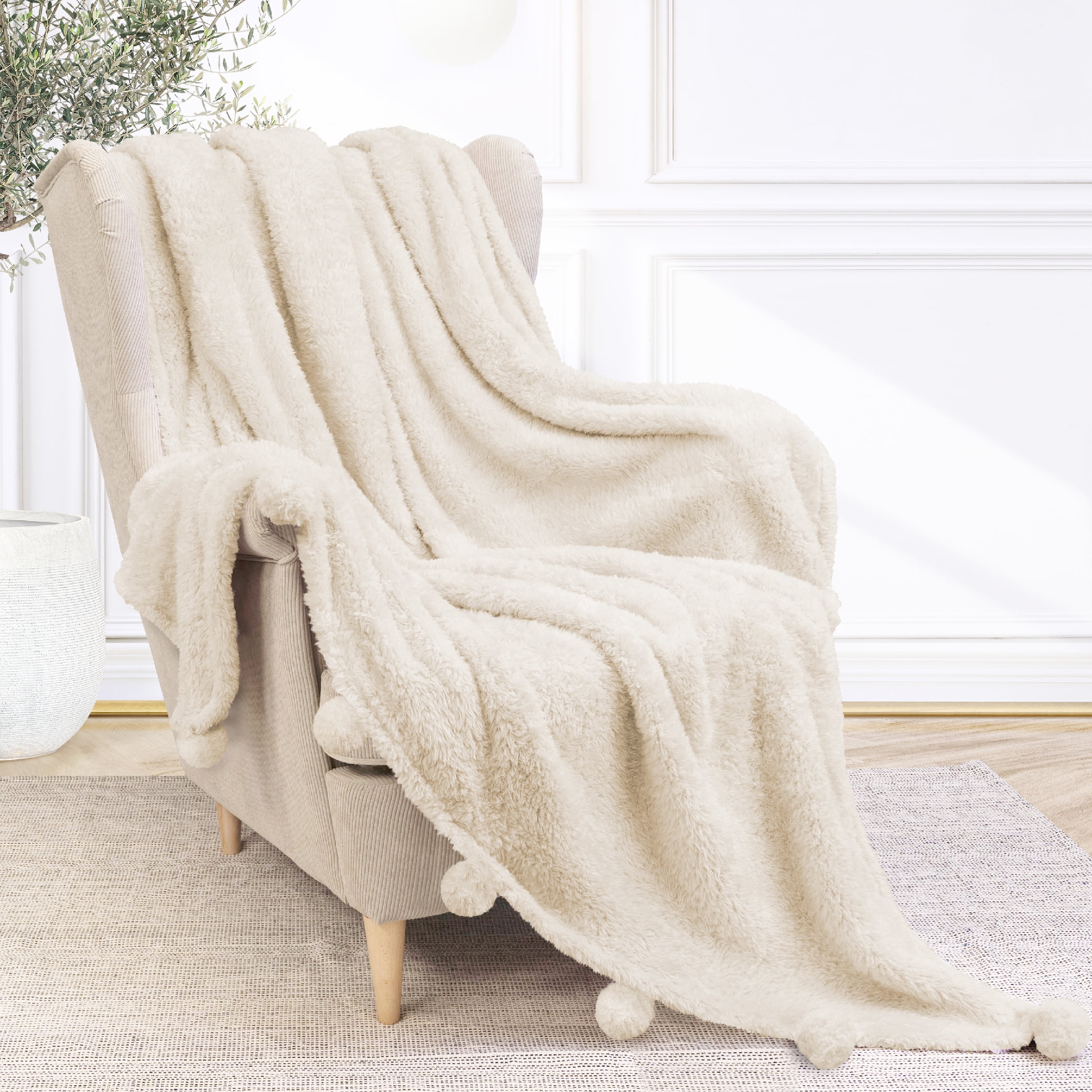 PAVILIA Ivory Cream Sherpa Throw Blanket with Soft Pom Pom Fringe, Plush Cozy Warm Blankets for Couch Bed Sofa, Fuzzy Fleece Throw with Pompom, Lightweight Fluffy, Ivory 50x60 in
