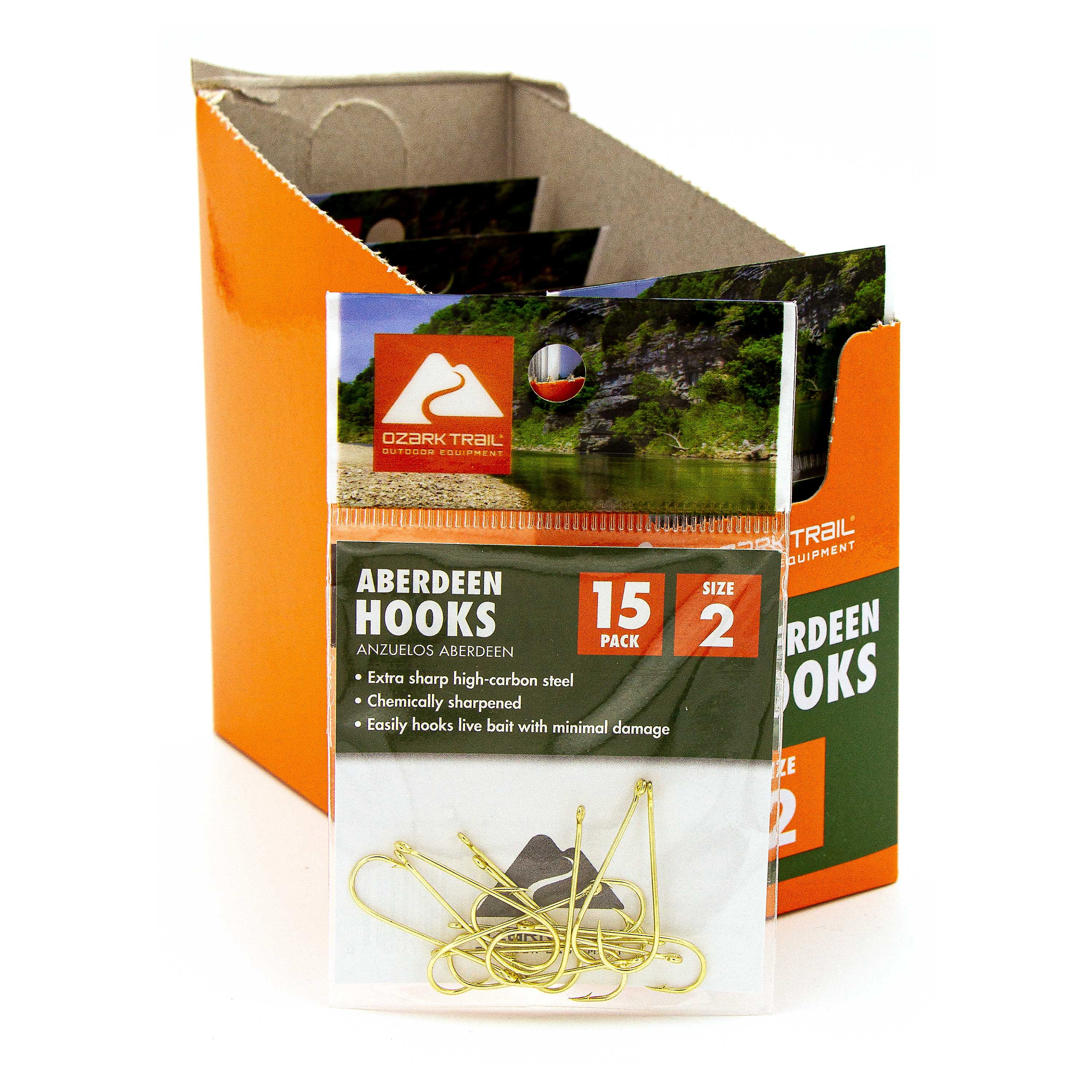 (6 pack) Ozark Trail Freshwater Gold Aberdeen Light Wire Fishing Hooks, Size 2, 15-pack