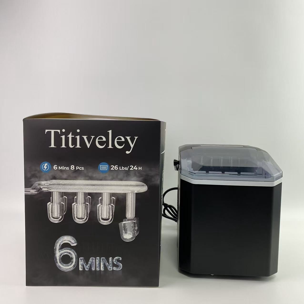 Titiveley Ice cube making machines,Countertop Ice Maker Machine with Handle, 26lbs Per Day, 9 Ice Cubes Ready in 6 Mins (White)