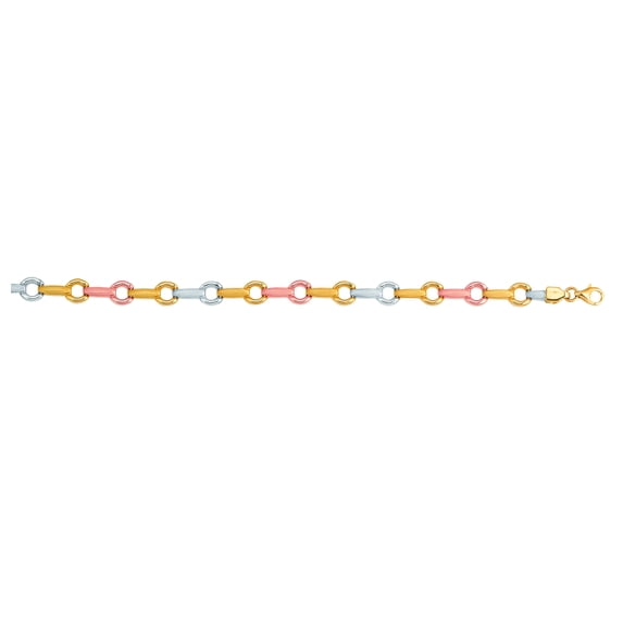 14K Yellow, White & Rose Gold Shiny Tri-Color Bar Round Link Bracelet 7.25" and Pear Clasp by IcedTime