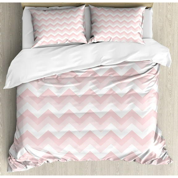 Chevron Duvet Cover Set, Zigzag Chevron Grunge Pattern in Soft Colors Simplicity Design, Decorative 3 Piece Bedding Set with 2 Pillow Shams, King Size, Rose Pale Pink White, by Ambesonne