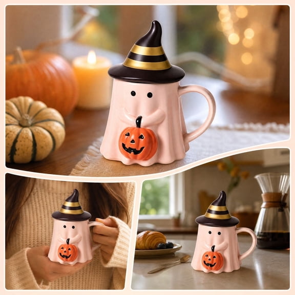Halloween Handshake Pumpkin Sprites Cup with Lid, Ceramic Pumpkin Mug for Cocoa Coffee Tea, Festive Holiday Drinkware for Halloween Parties Decorations, Cocoa Mug, Halloween Party Supplies