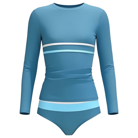 Ulanda Girls Rash Guard Swimsuit Long Sleeve Dual-Color Stripe Modest Top with Swim Bottoms Bathing Suits for Girls 7-16Y (Navy, 15-16 Years)