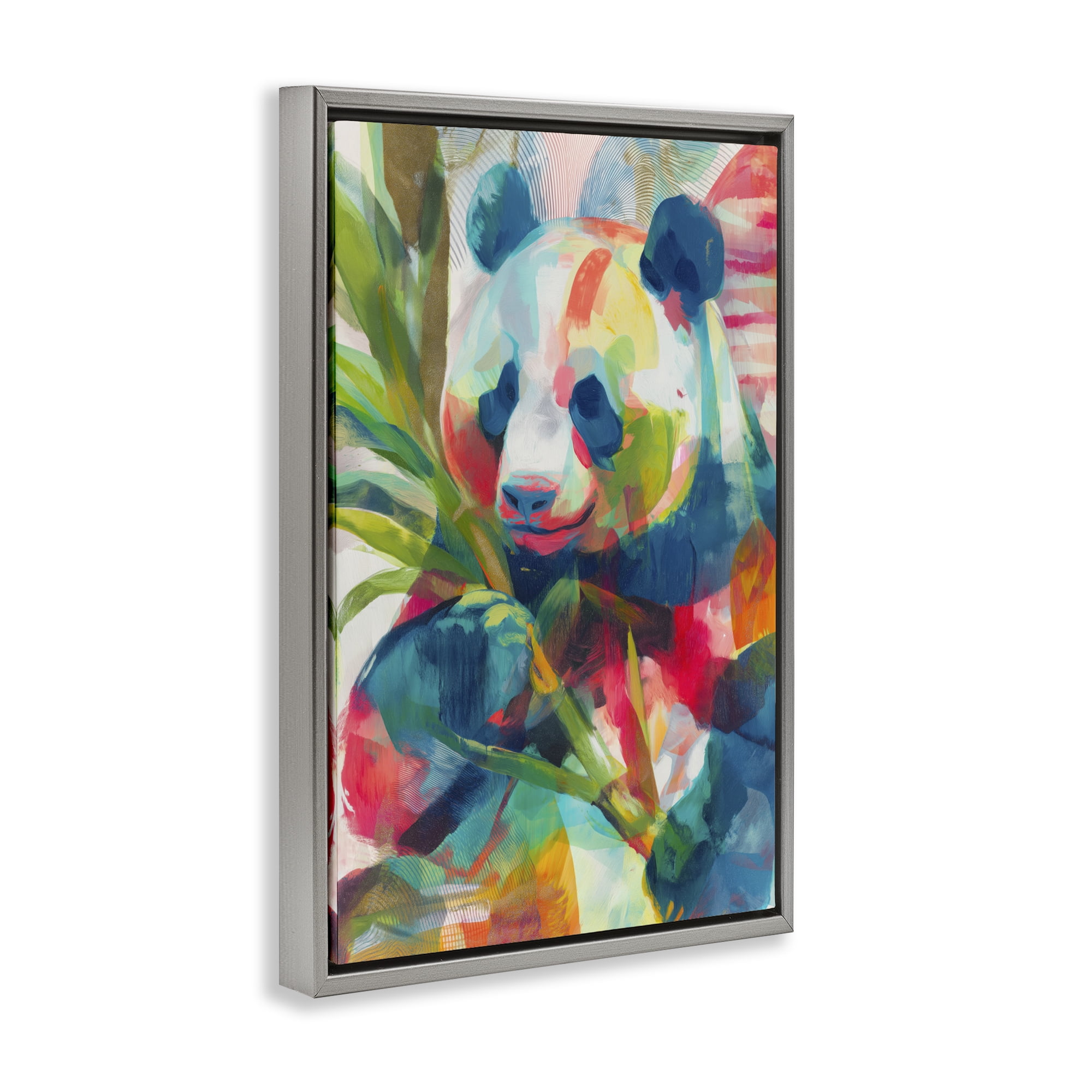 Stupell Industries Expressive Panda In Bloom Gray Framed Floater Canvas Wall Art, design by Chromatic Storm Studio
