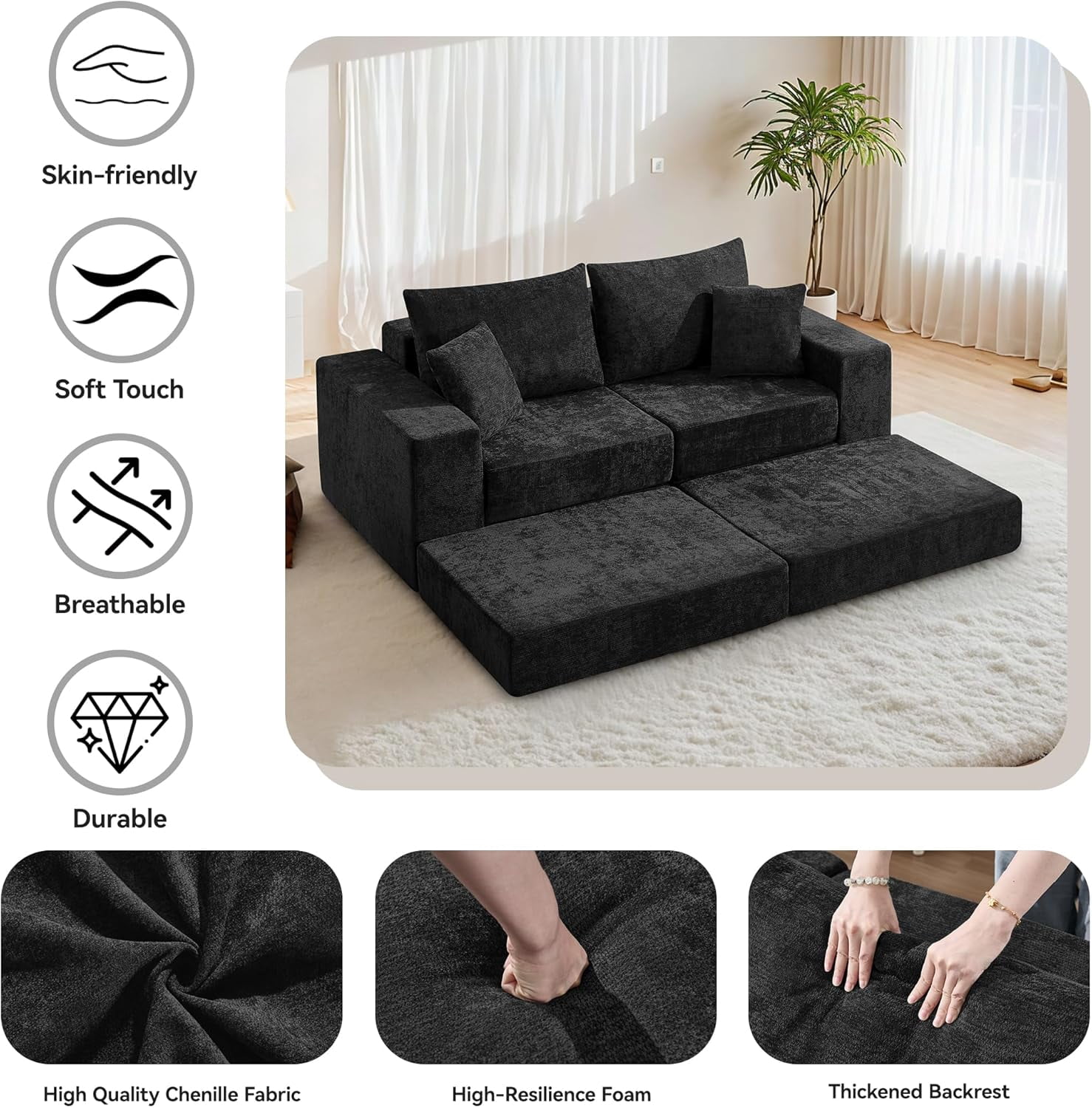 79" Boneless Cloud Loveseat Sofa with Ottoman, Modular Chenille Convertible Floor Couch Bed, No Assembly, Black