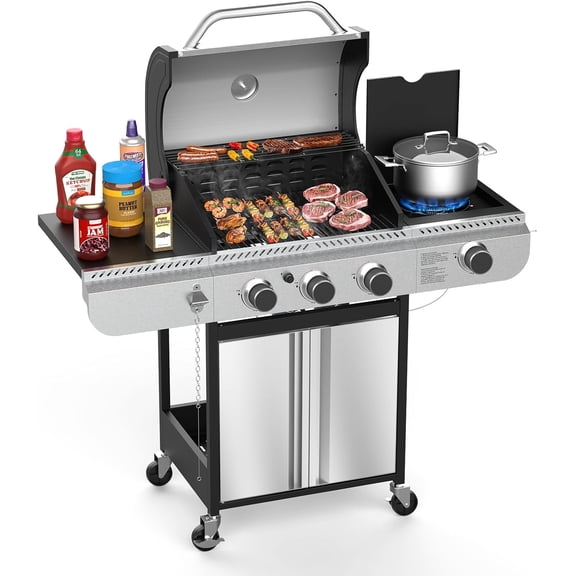 37000 BTU 3-Burner Propane Grill, Stainless Steel BBQ Grill with Side Burner & Porcelain-Enameled Cast Iron Grates for Outdoor Patio Camping
