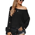 thumbnail image 1 of Camiseta de manga larga de color puro para mujer, blusa holgada informal con estilo y cuello redondo, blusa decorativa con botones para el trabajo diario, negro L, 1 of 6