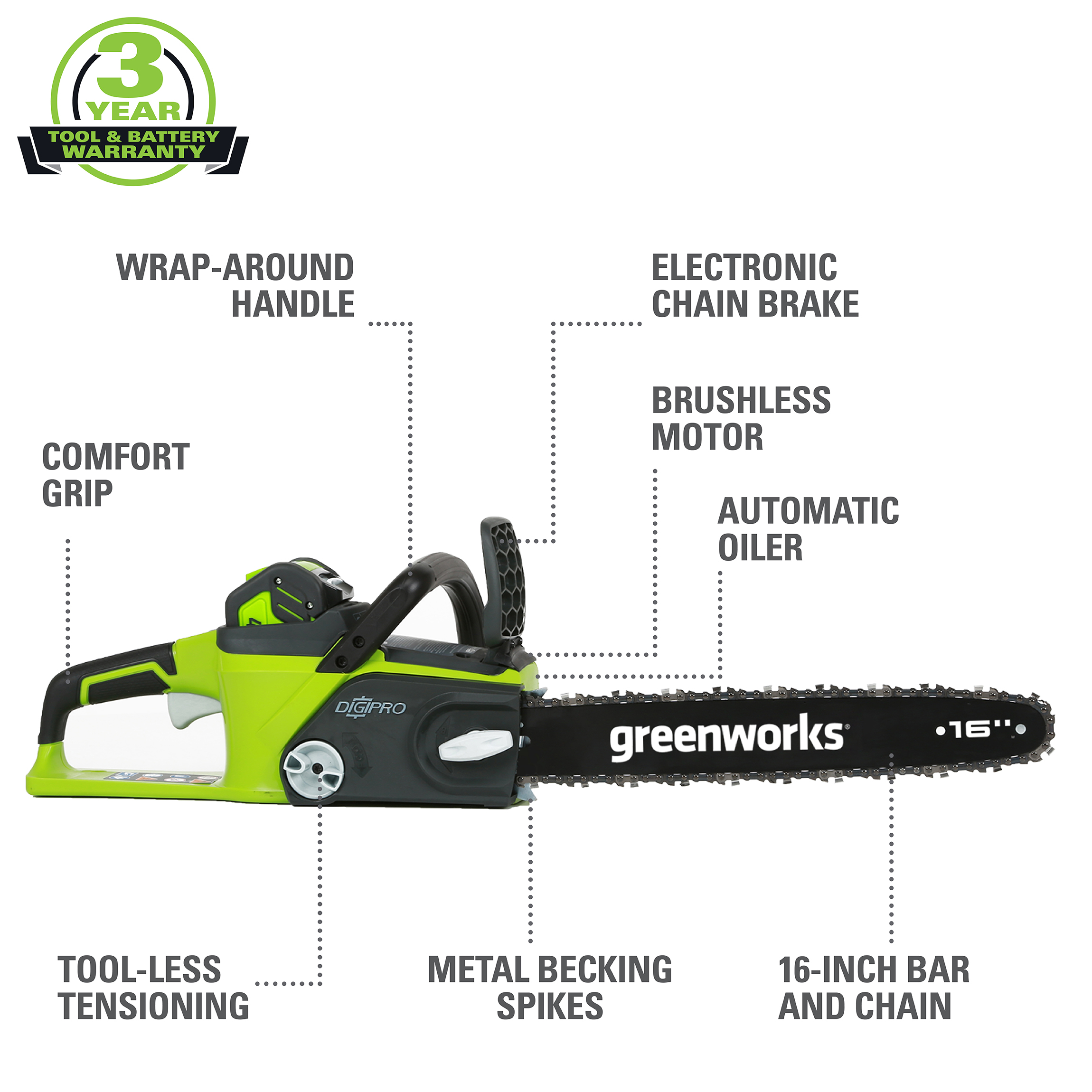Greenworks GMax 40V 16 Inch Bar DigiPro Cordless Chainsaw (Battery Not Included) - image 3 of 13