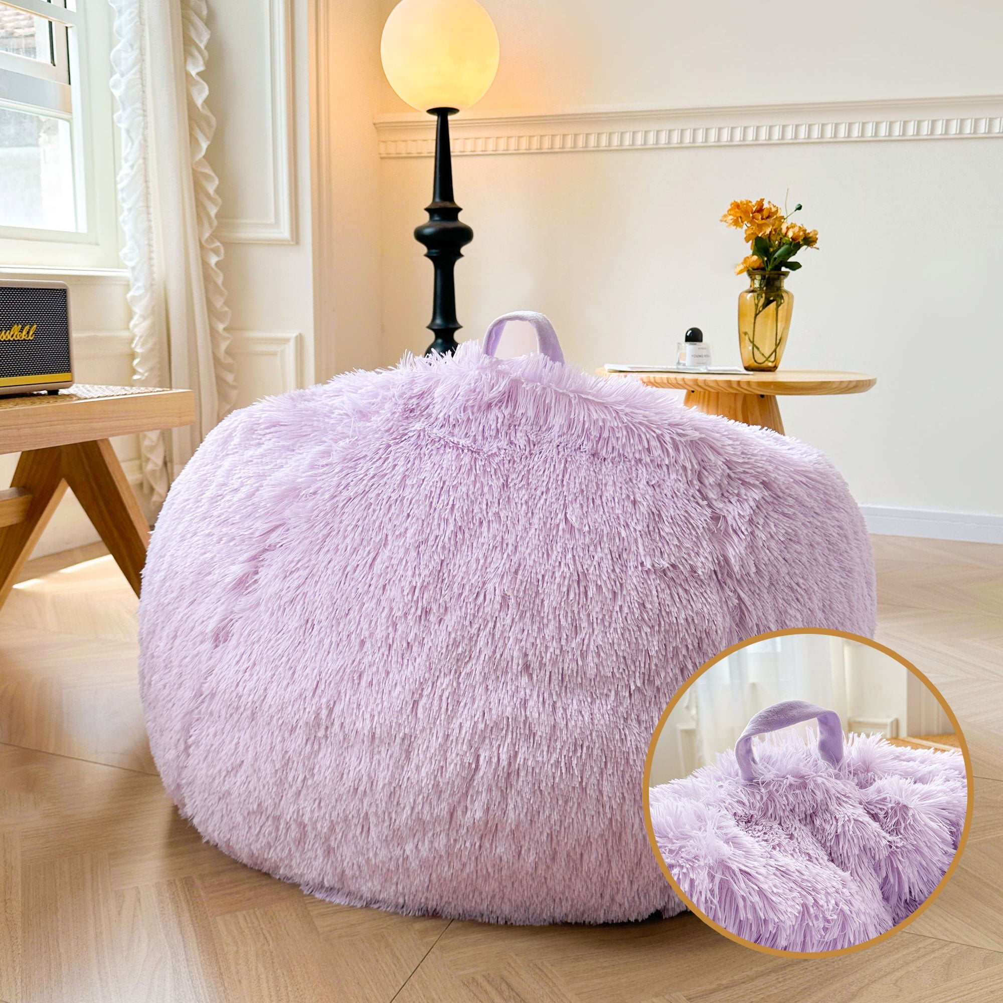 XeGe Faux Fur Comfy Bean Bag Cover for Living Room(No Filler), Fluffy Stuffed Animal Storage Bean Bag Chair Cover Light Purple, Furry Fuzzy Beanbag Cover for Adults Kids Girls, Anti-slip, Lavender