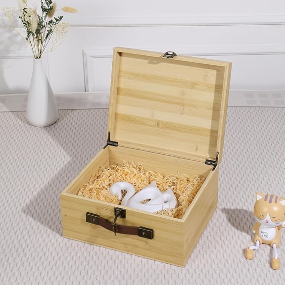 Wooden Keepsake Memory Box with Locking Lid Bamboo Wood Storage Box with Hinged Lid & PU Leather Handles Large Decorative Wooden Chest Box for Crafts Stash Gifts - Natural, 12"L x 10"W x 6"H