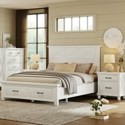 Rustic Charm Solid Wood Queen Bed Drawers in Footboard for Storage, White Finish, Aged Iron-tone Bar Pulls, Distressing Techniques for Natural Wood Grain, Two 2-Drawer Nightstands Included