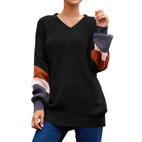 MYAOYI Womens Color Block Sleeve V Neck Sweater Oversized Knit Pullover