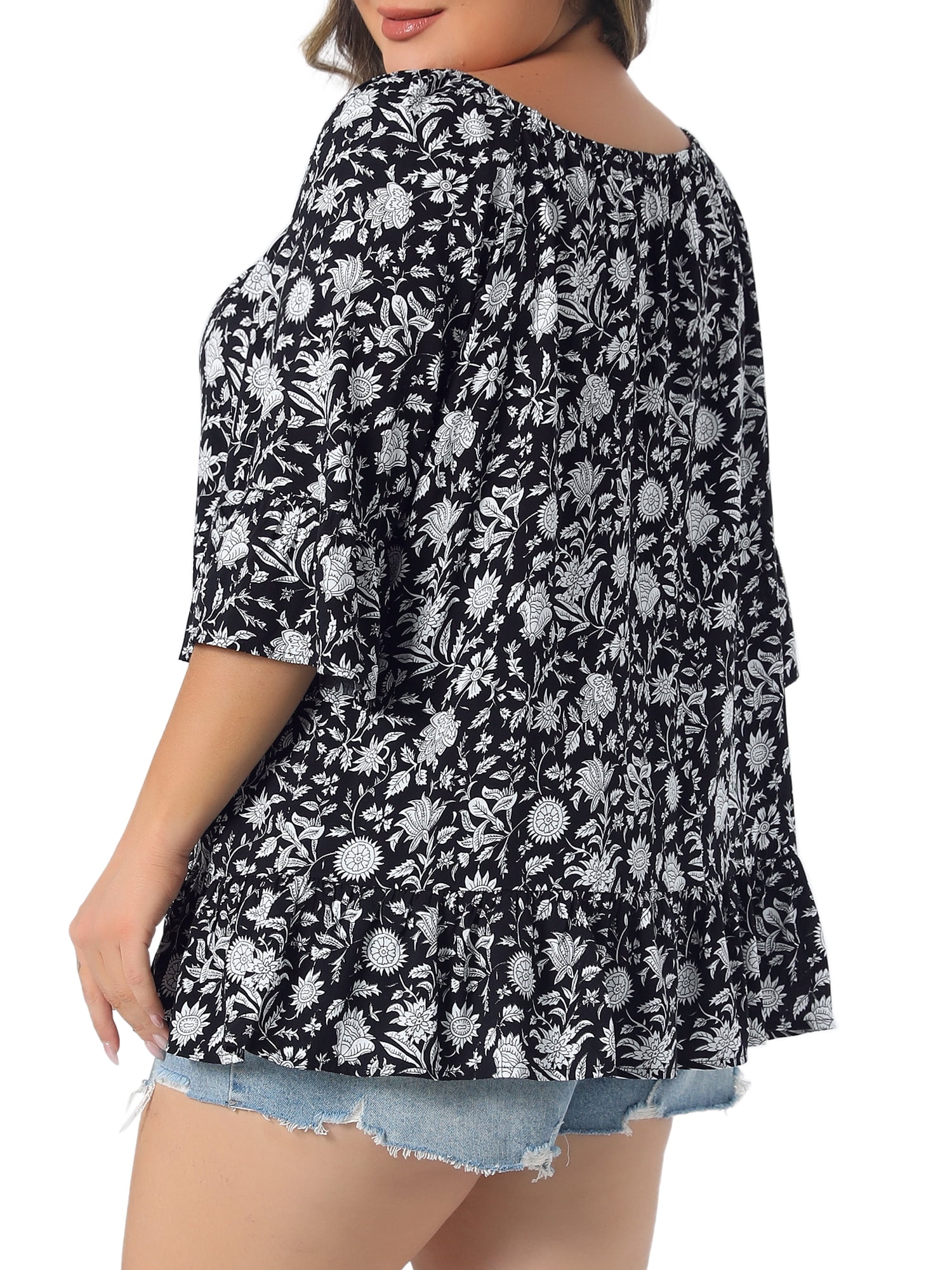 DARING DIVA Women's Plus Floral Half Sleeve Off Shoulder T Shirt Blouse 4X Black