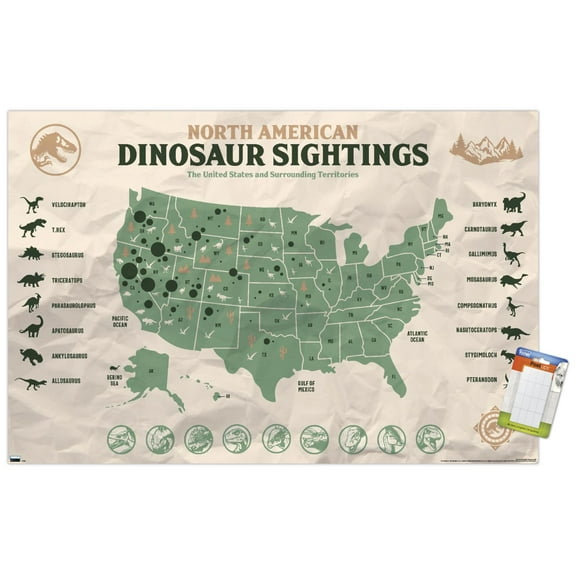 Jurassic World: Dominion - North American Dinosaur Map Wall Poster, 22.375" x 34"