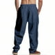 thumbnail image 4 of Pantalones largos para hombre, holgados, informales, de lino, de color liso, con bolsillo bordado, cordón ajustable y cintura elástica, de poliéster., 4 of 9