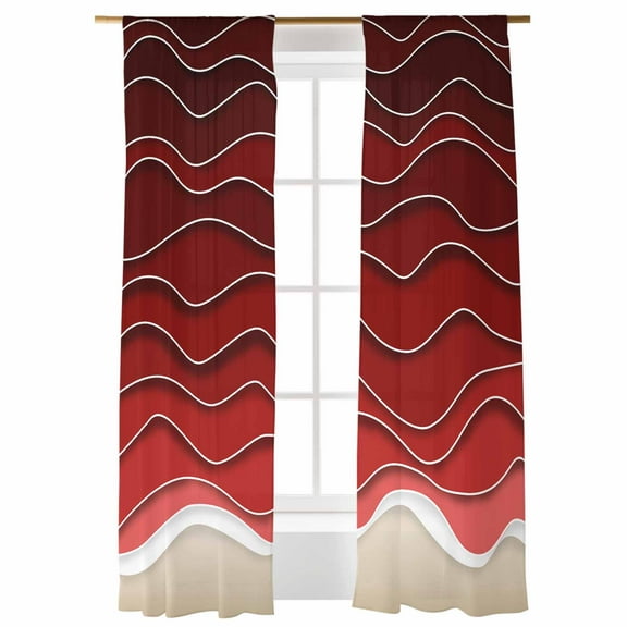 Sheer Curtains 96 inches Long, Abstract Red Brown Gradient Ocean Waves Light Filtering Sheer Window Curtains Rod Pocket Voile Drapes for Bedroom Living Room, 52"W x 96"L 2 Panels