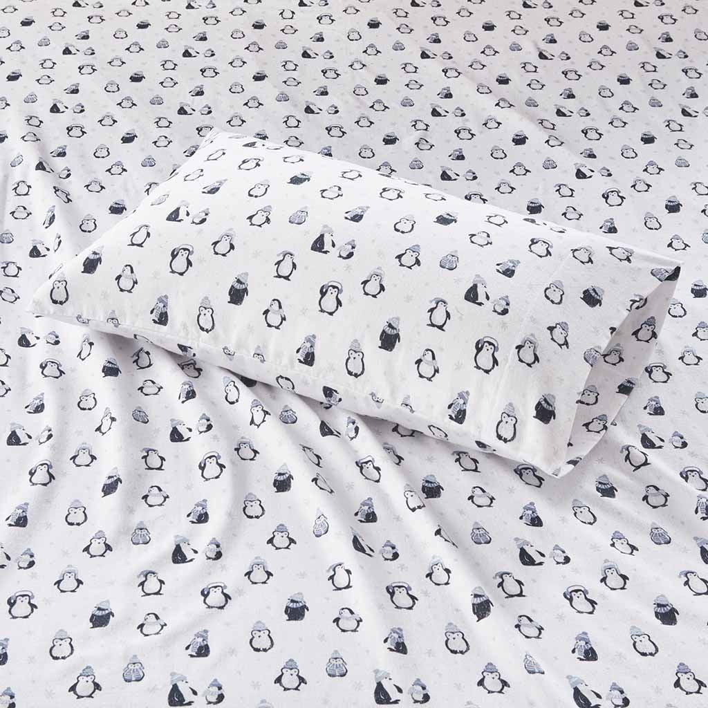 Intelligent Design Cozy Soft 3-Piece Twin XL Cotton Flannel Printed Sheet Set, Blue Penguins