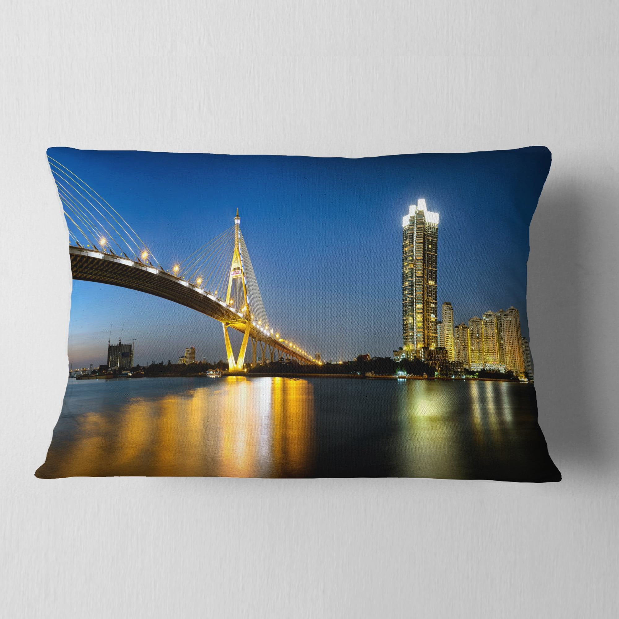 Designart Lit up Bhumibol Bridge at Dusk - Cityscape Throw Pillow - 12x20