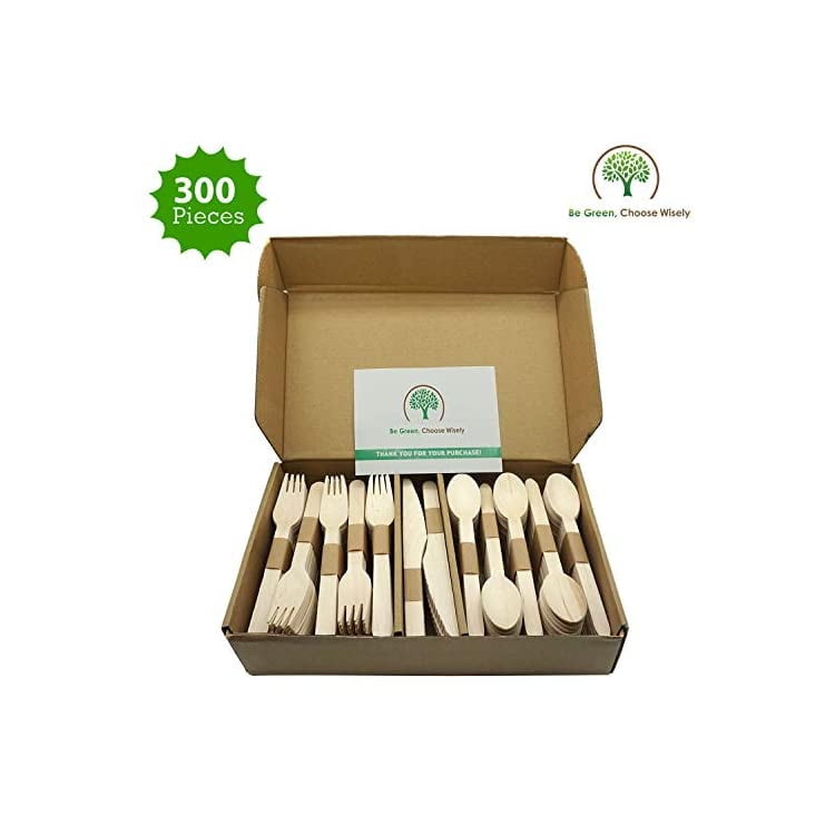 Eco Friendly 100 Wooden Spoons, Forks, Knives utensil Set; sustainable