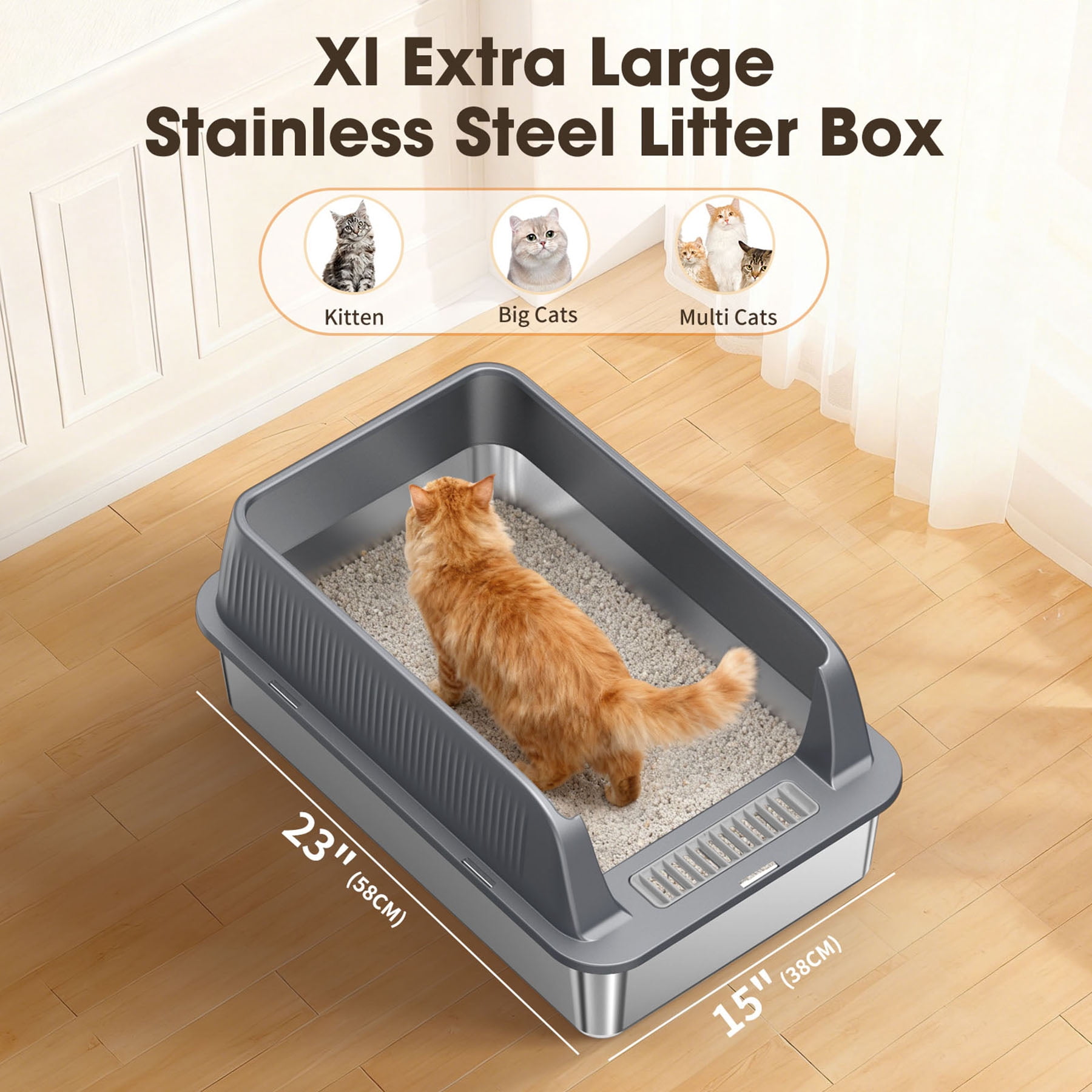 S-HOME Black and Silver Stainless Steel Cat Litter Box 22.83 x 14.60 with High Sides and Litter Scoop, Odor-Resistant Design
,  1 Sets