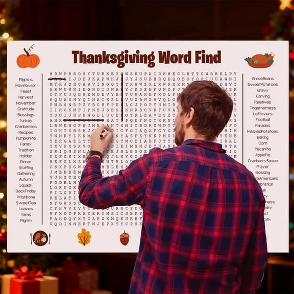 Jumbo Thanksgiving Word Search Poster, Giant Holiday Word Search Wall Poster for Thanksgiving and Christmas, 36" X 24" Wall Game with 50 Words for Family Holiday Party Activity