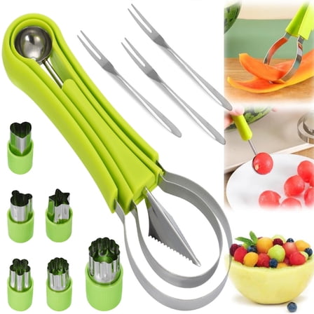 12-Pack Watermelon Cutter Set, 4-in-1 Fruit Cutter Shapes, Stainless Steel Slicer, Melon Baller, Seed Remover, Peeler, Kitchen Gadgets for Easy Fruit Preparation and Perfectly Shaped Fruit