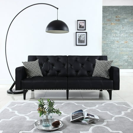 Modern Tufted Bonded Leather Sleeper Futon Sofa With Nailhead Trim In White Black