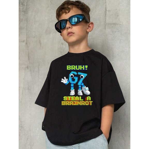 children's wear Funny Kids Graphic T-Shirt Bruh Steal A Brainrot Black Short Sleeve Tee for Boys