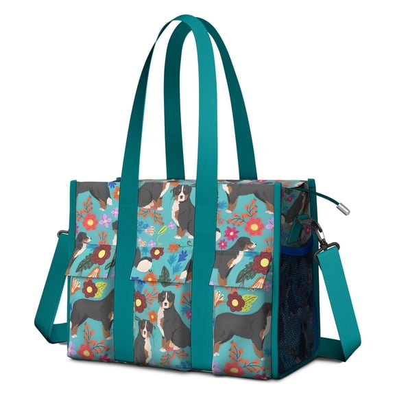Teacher Tote Bag,Bernese Mountain and Flower Teacher Utility Tote Bag,Large Work Tote Bags for Women with Multiple Pockets,Top Zipper Closure,13.8x10.6x6.7 Inch