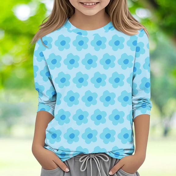 RRMuAzgs Girls Crewneck Cute T Shirts Trendy Floral Graphic Printed 3/4 Sleeve Shirts Spring Summer Casual Tops 3-12 Years