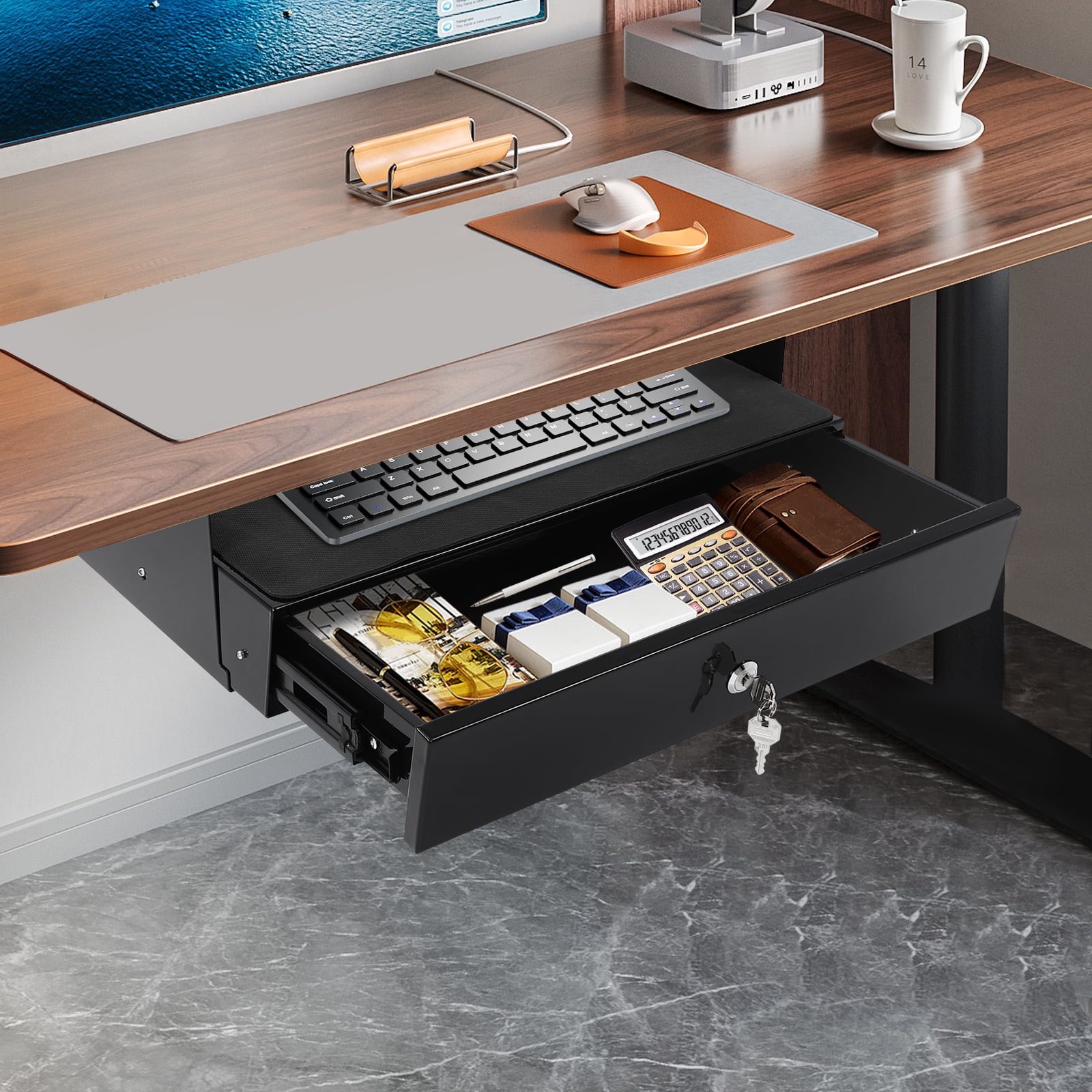 Modern Rectangular Black Under Desk Mounted Sliding Pull-out Drawer for Standing Desks, Pull-out Drawer