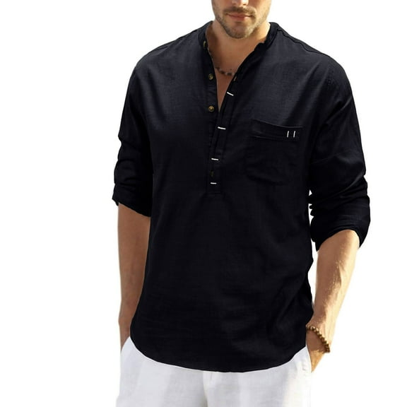 SWSMCLT Men's Long Sleeve Shirt Fitted Top Soft Spring Fall Cotton Blouse Linen Henley Button Crew Neck Light Black X-Large