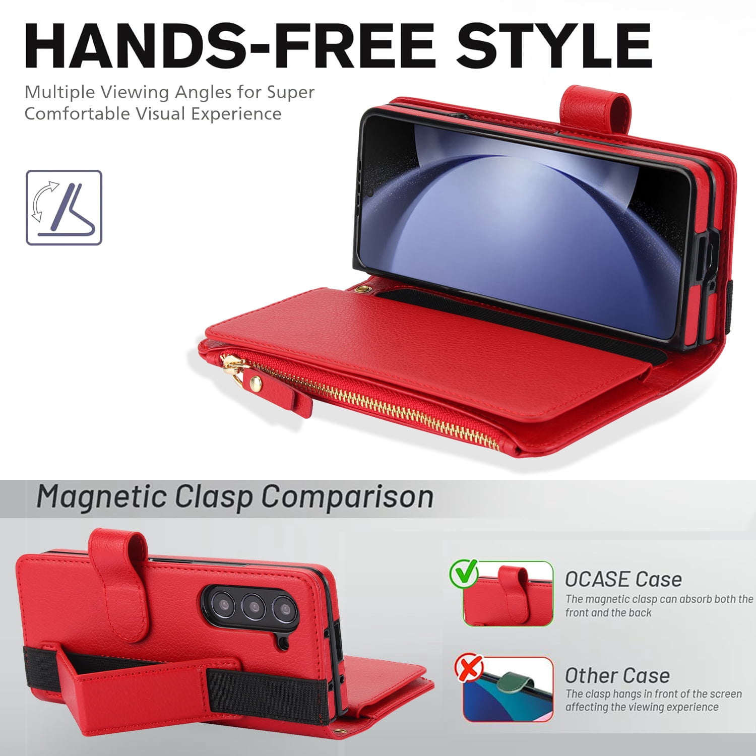 Allytechgroup for Samsung Galaxy Z Fold 7 Case Wallet, 7 Cards Slots Cash Zipper Pocket S Pen Holder Hand Strap Wrist Flip Cover Protective Phone Case for Samsung Galaxy Z Fold 7,Red
