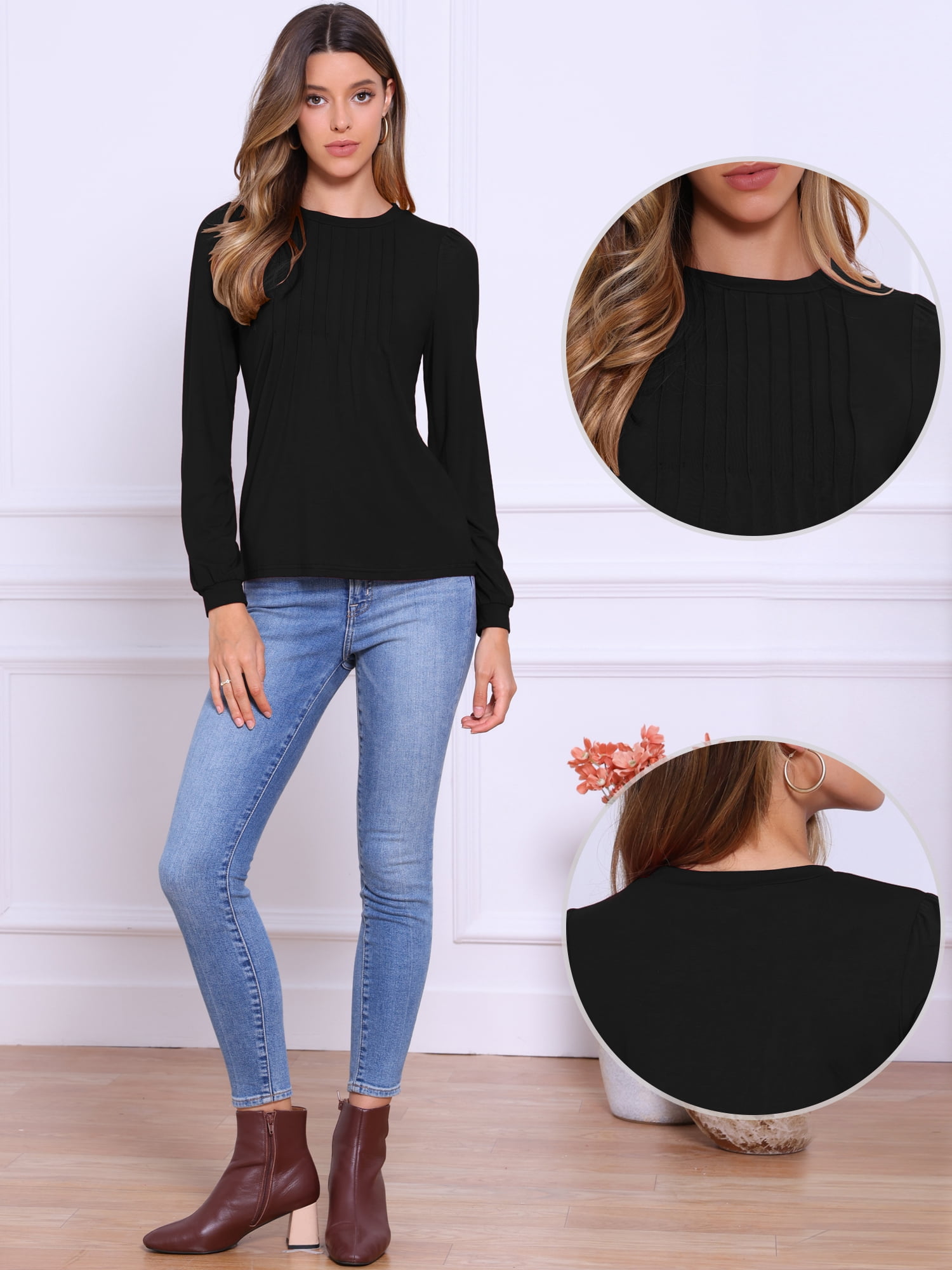 DARING DIVA Women's Pleated Trim Casual Long Sleeve Top M Black