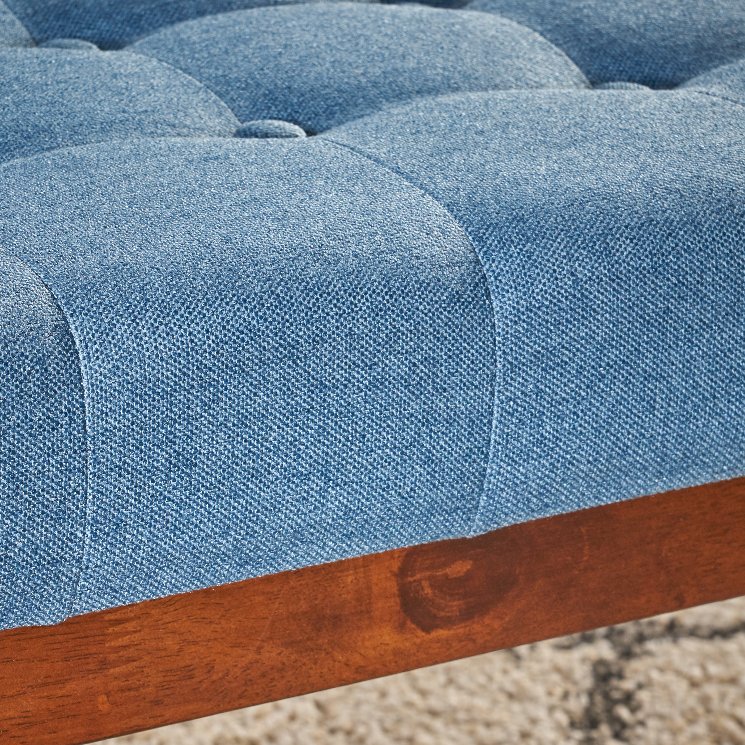 Noble House Marvin Mid Century Tufted Fabric Ottoman, Blue, Walnut