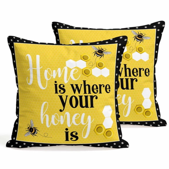 Set of 2 Yellow Black Bee Pillow Covers 18x18 Inch, Home Is Where Your Honey Is Honeycomb Daisy Decorative Throw Pillow Cases Cotton Cushion Covers for Sofa Couch Bed Living Room Bedroom Home Decor