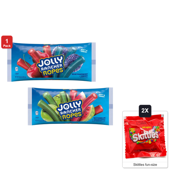 Jolly Rancher Ropes Variety, 2 Packs: Watermelon and Green Apple, Blue Raspberry and Cherry, with 2 Skittles Fun Size