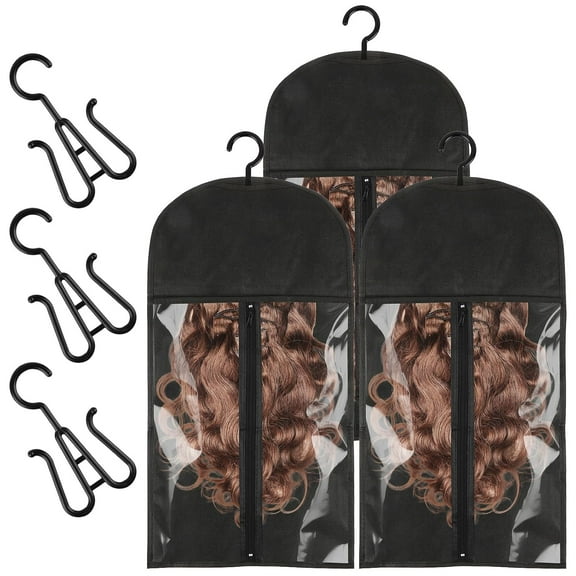 Wig Storage Bags with Hanger, 3 pcs Portable Wig Bag, Hair Extension Holder, Black Hair Extension Storage for Multiple Wigs, Home Salon Travel (23.6 x 11.4 in)