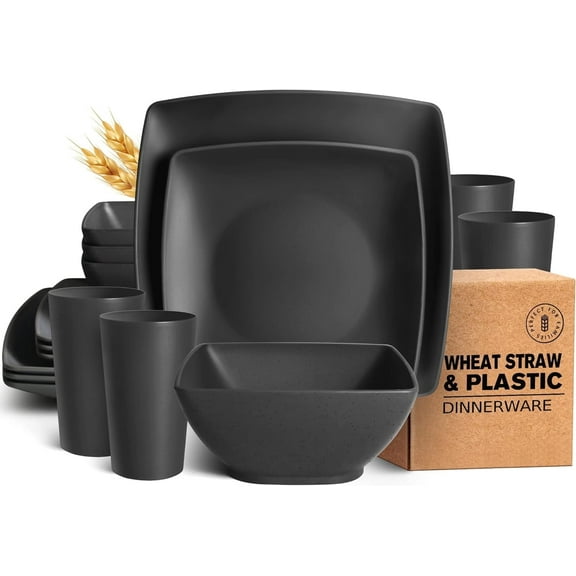 Teivio 16-piece Plastic Wheat Straw Square Dinnerware Set for 4, Unbreakable Dinner Plates, Salad Plates, Snack Bowls, Tumblers 13.5 oz, Dishwasher Safe, Black