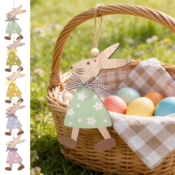 Set de decoraciones colgantes de madera para conejos de Pascua, adornos de mesa de 10 en verde menta, amarillo azul, rosa rosa, decoración de puertas de pared de madera rústica