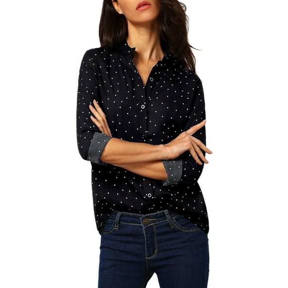 Women Polka Dot Shirt Casual blouse long Top Long Sleeve V-Neck Chiffon Blouse - XL
