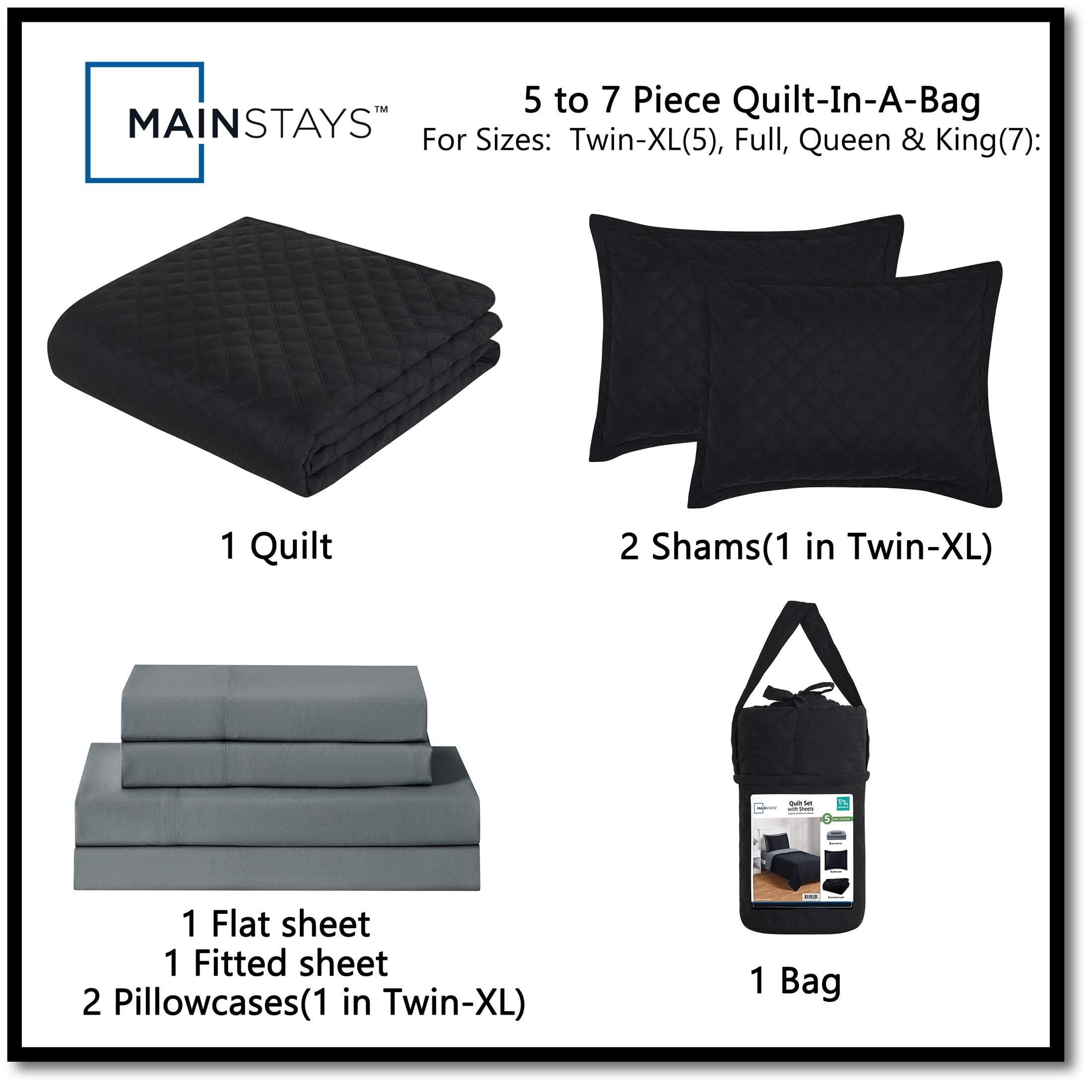 Mainstays All in One Lightweight Quilt Set and Sheet Set -7 Piece, Full, Black