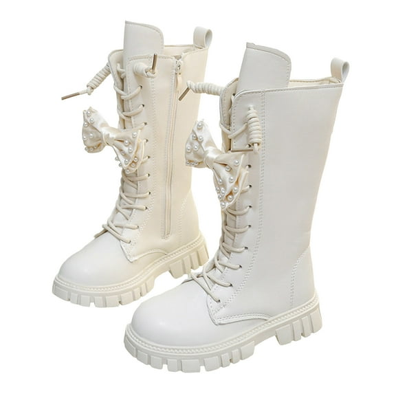 Girls Knee High Boots Sweet Pearl Bow Lace up Zipper Winter Booties AntiSlip Chunky Heel Mid Calf Boots