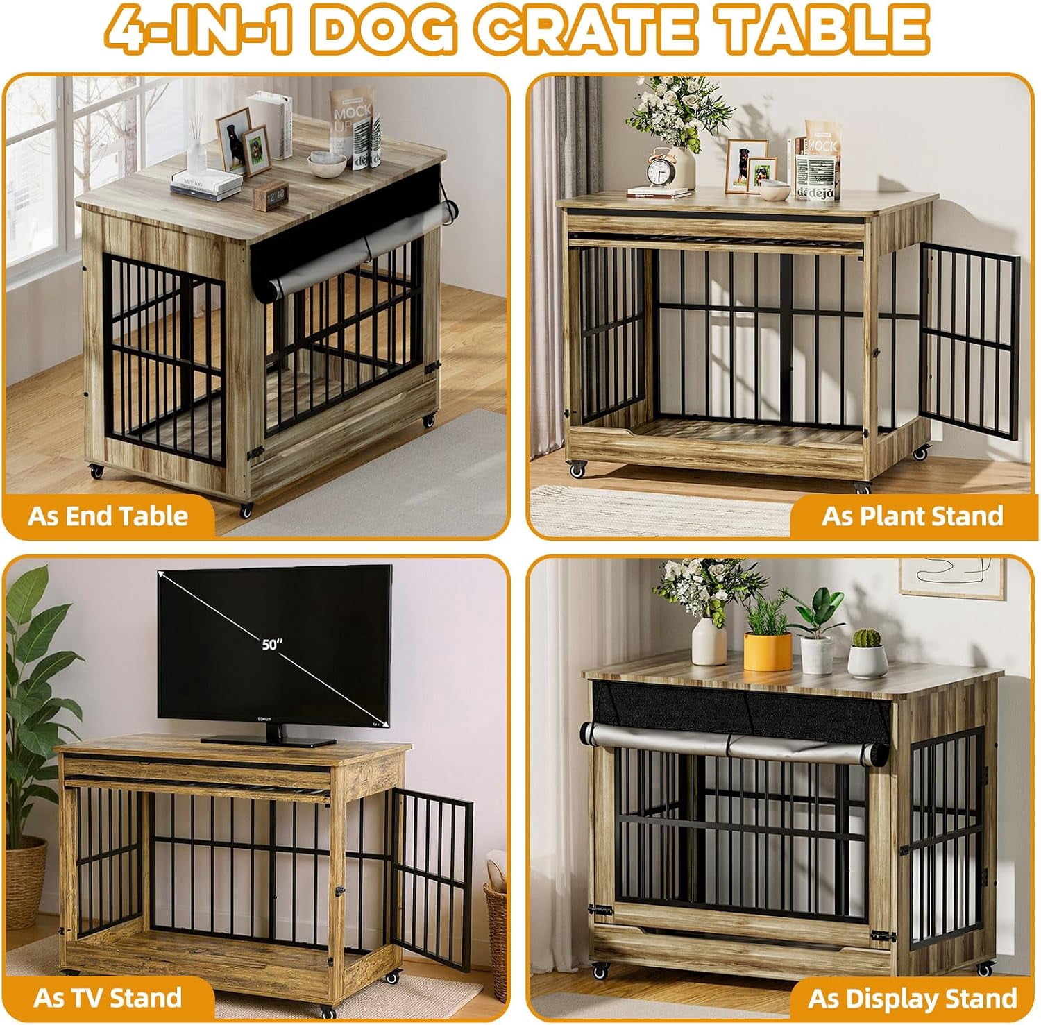 46" Large Dog Crate Furniture, Double Door Wooden Indoor Dog Kennel End Table with Wheels, Decorative Pet Cage for Extra Large Breeds, Greige